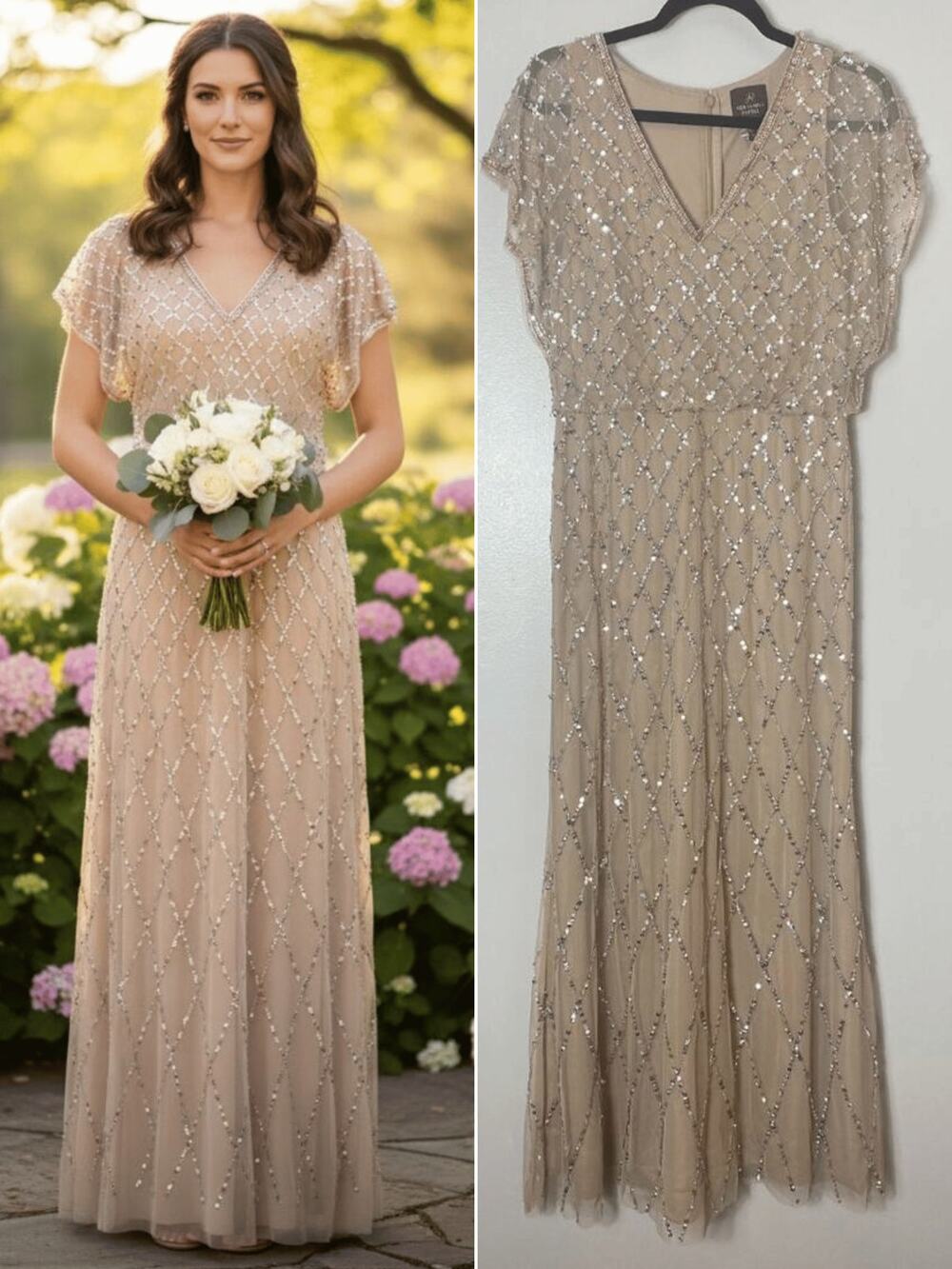 Adrianna Papell Gold Sequin Beaded Dress Wedding Guest